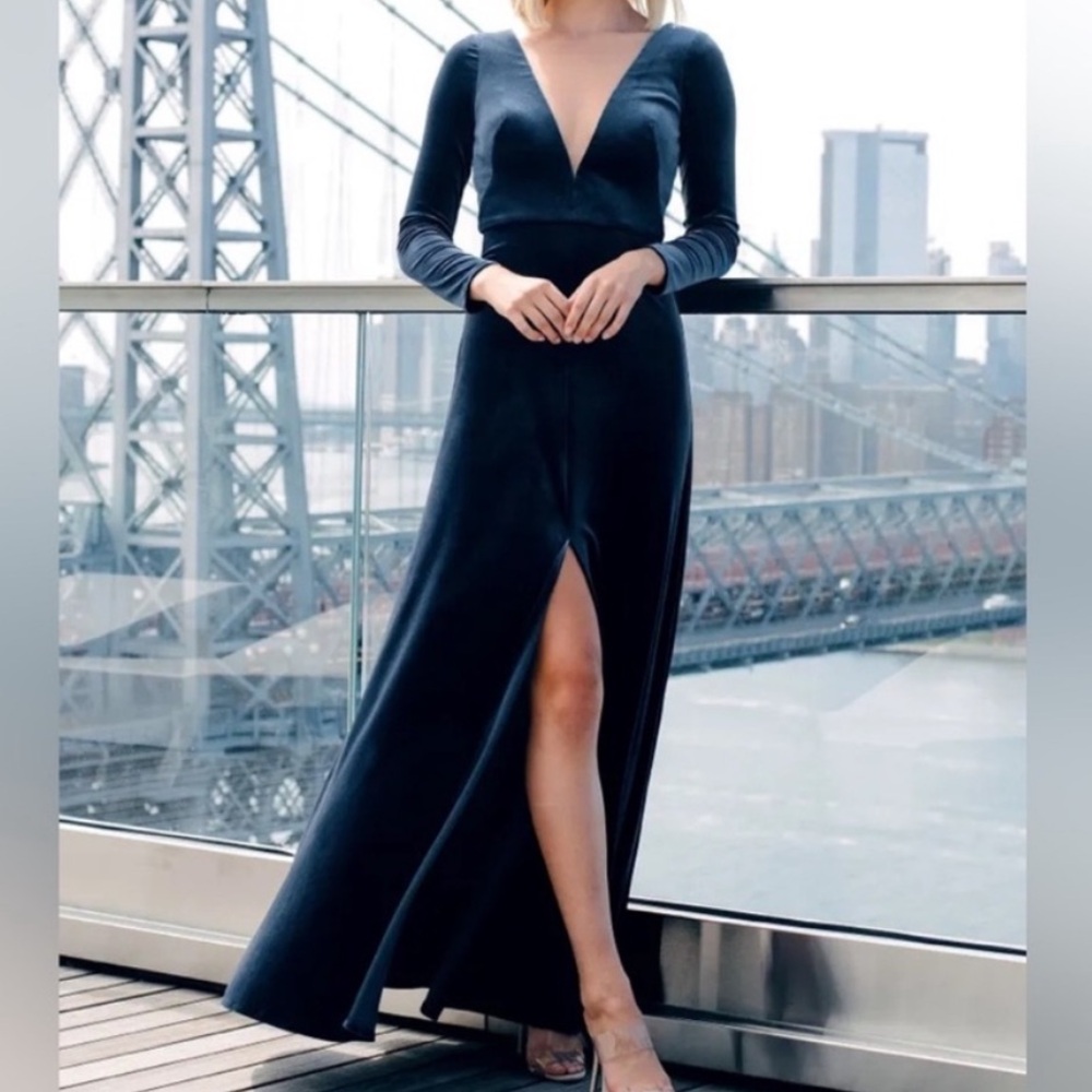 Jenny Yoo Malia French Blue Velvet long sleeve Dress (Sz 16) Anthropologie